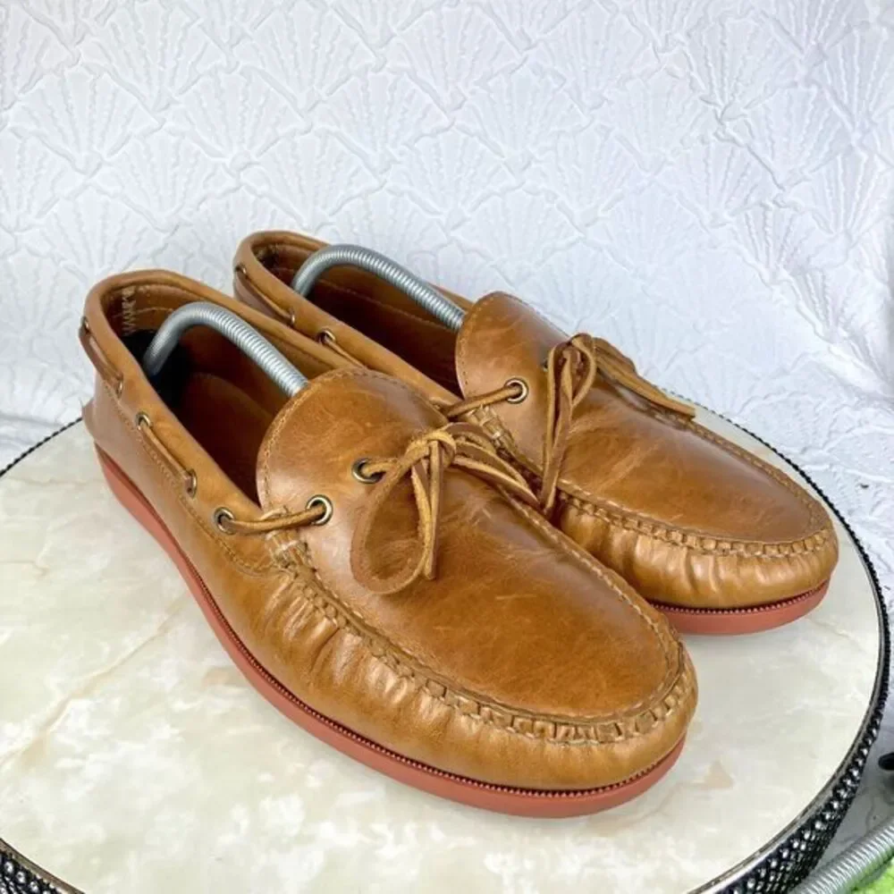 Quoddy Tan Leather Moc Toe Slip-On Boat Shoes